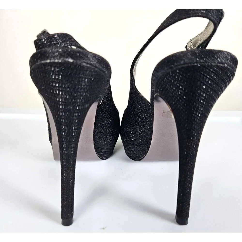 Adrianna Papell Womens Size 7 Black Glitter Peep Toe Slingback High Heels 4.5